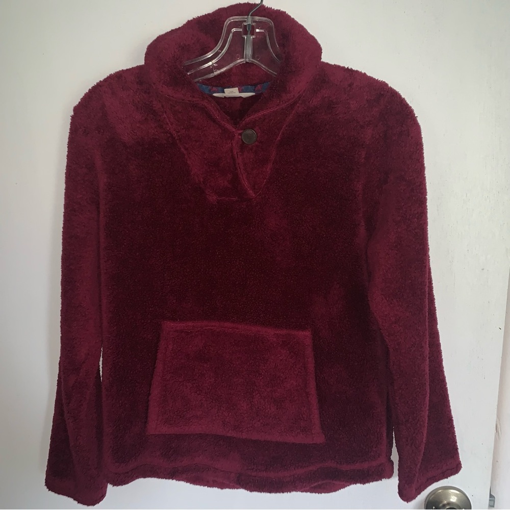 Girl’s L 14 LANDS’ END KIDS Maroon Plush Fleece Pullover Horse Button Jacket EXC